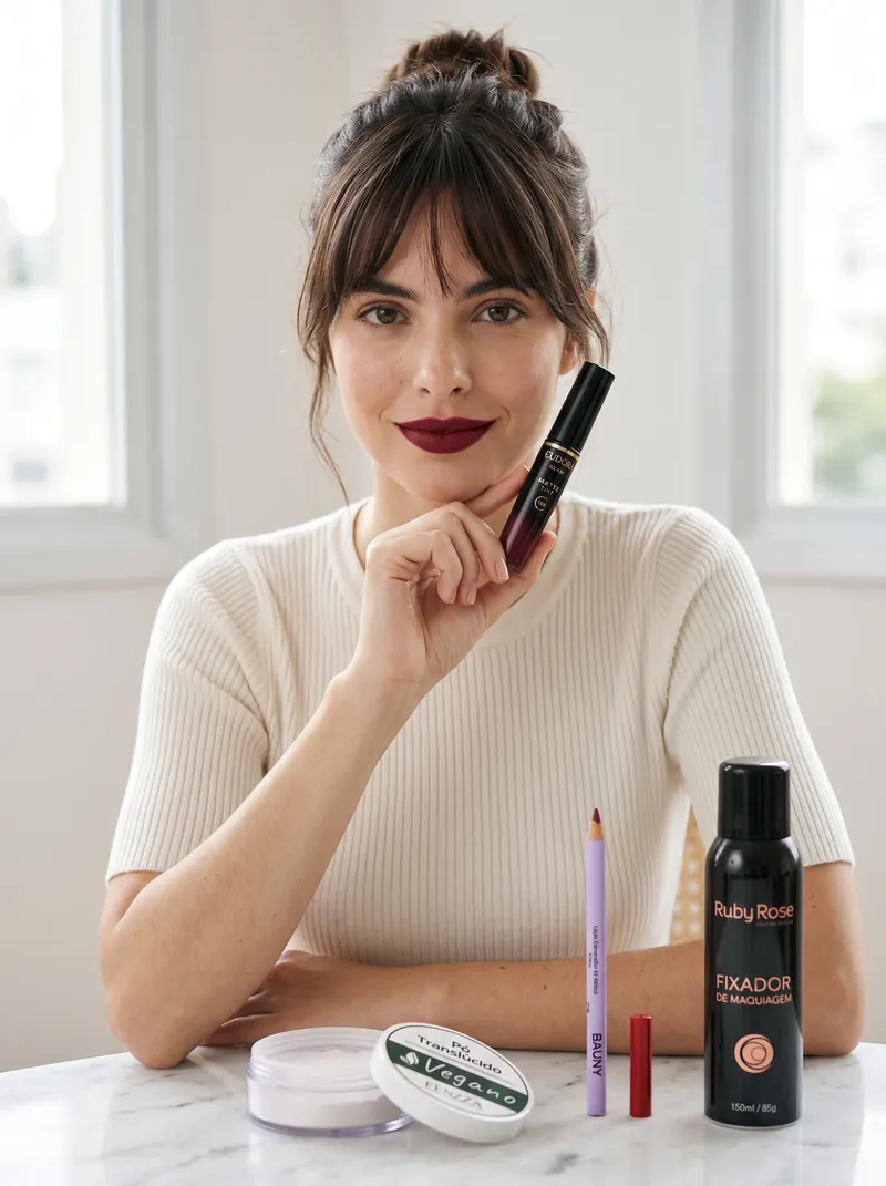 Modelo de franja e coque com batom vinho matte, segurando o batom líquido, com pó translúcido, lápis de boca e spray fixador na mesa