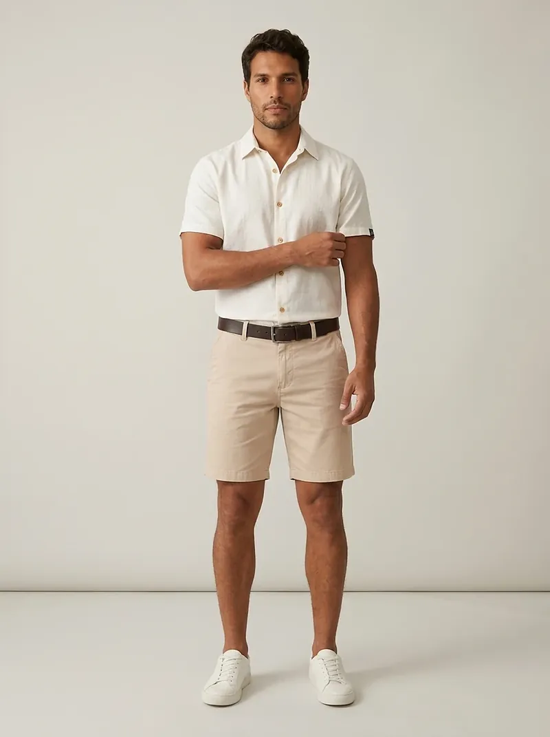 Homem de camisa off-white de manga curta para dentro, cinto de couro marrom, bermuda chino bege e tênis branco, em estúdio de fundo claro