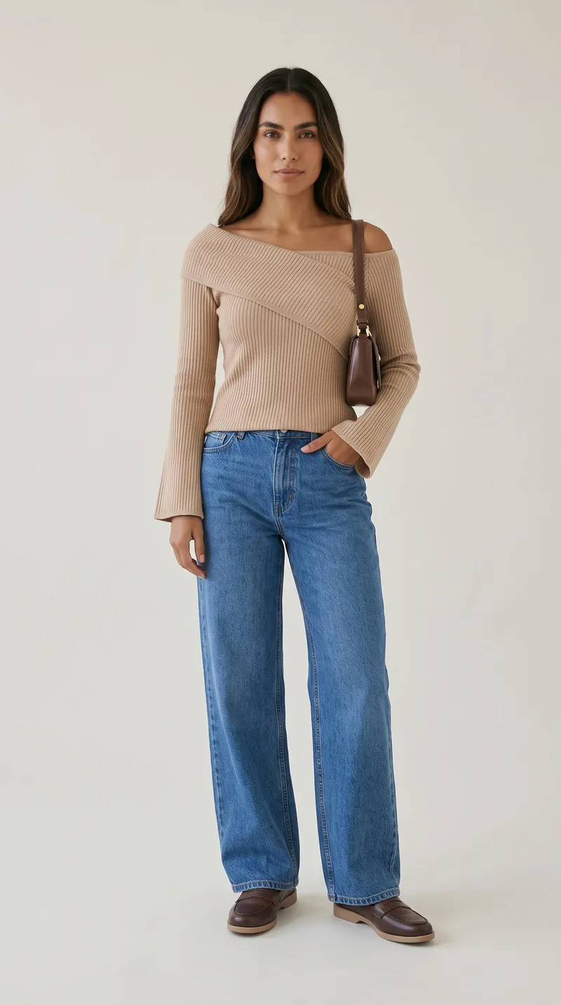 A mesma blusa bege ombro a ombro, jeans wide leg e bolsa marrom fotografados em estúdio com fundo neutro