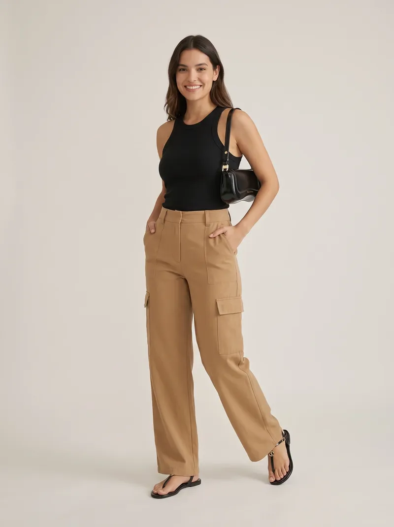 Mulher sorridente de cabelo castanho com regata canelada preta, calça cargo pantalona caramelo, rasteira preta de verniz e bolsa preta de ombro, em estúdio de fundo claro