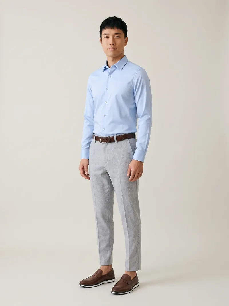 Homem de camisa social azul-clara, calça de alfaiataria slim cinza-claro, cinto marrom e mocassim marrom com sola branca, em pé em estúdio de fundo claro