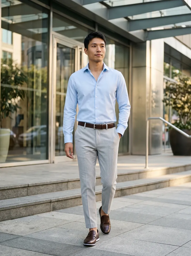 Modelo de 1,70 m caminhando na entrada de um prédio de escritórios com calça de alfaiataria slim cinza-claro, camisa social azul-clara, cinto marrom e mocassim marrom
