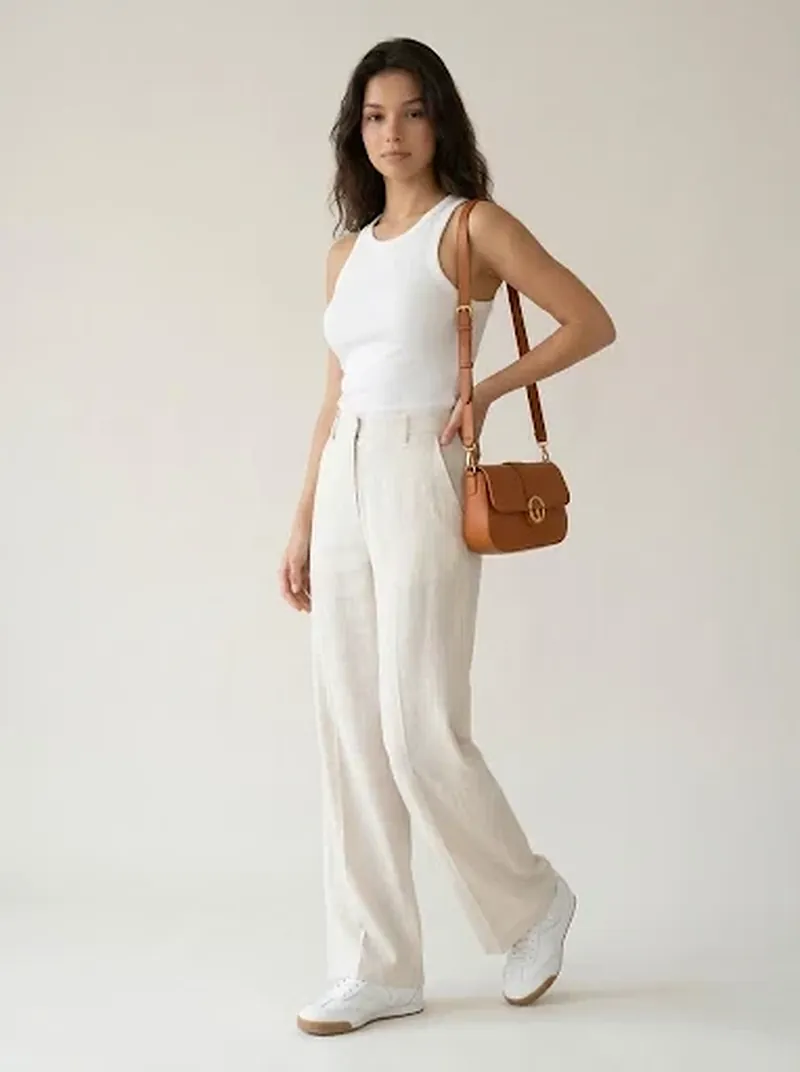Mulher de cabelo escuro ondulado com regata canelada branca, calça wide leg de linho cru, tênis branco e bolsa caramelo de fivela dourada no ombro, em estúdio claro