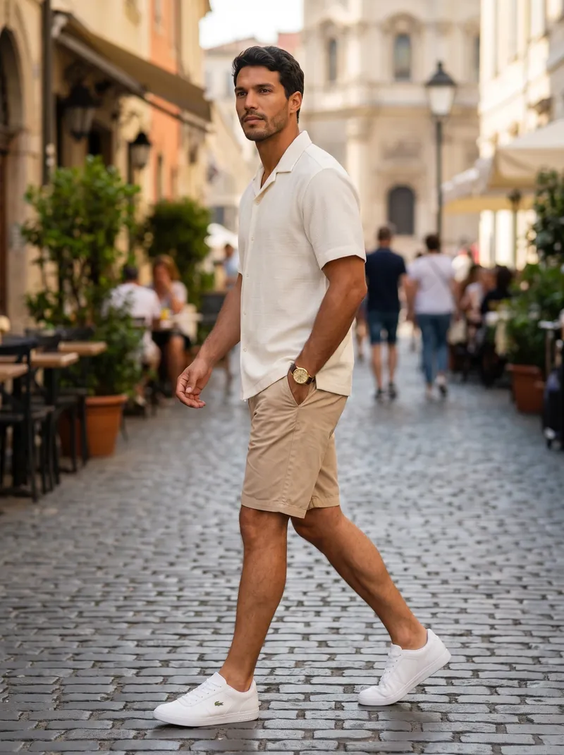 Homem caminha em rua de pedra com cafés, vestindo camisa gola cubana off-white de manga curta, bermuda de sarja bege, tênis branco e relógio dourado com pulseira marrom