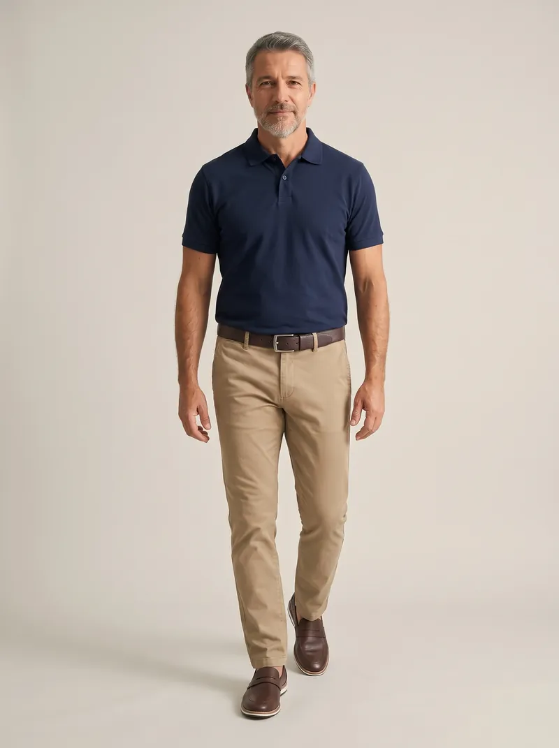 Homem grisalho de barba caminha em estúdio claro vestindo polo de piquet azul-marinho, calça chino bege, cinto de couro marrom e mocassim marrom de sola branca