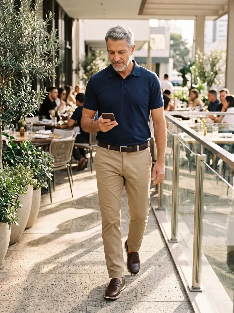 Homem grisalho de camisa polo azul-marinho, calça chino bege, cinto marrom e mocassim marrom caminhando na varanda de um restaurante num dia de sol