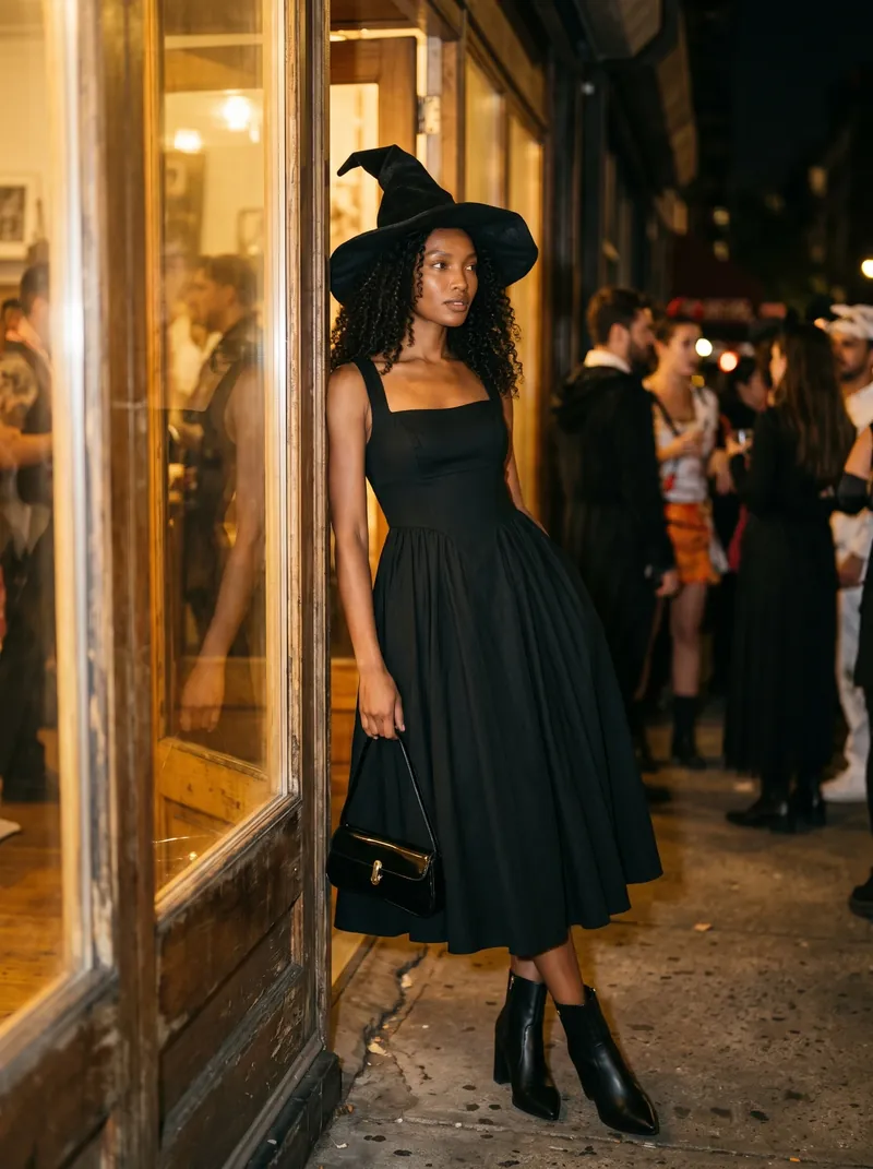 Modelo virtual com chapéu de bruxa preto, vestido preto midi de alças largas, bolsa envernizada e bota de bico fino, encostada na vitrine de uma festa à fantasia à noite