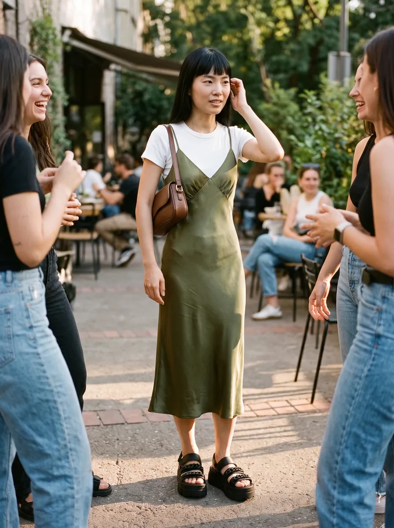 Modelo com vestido slip midi de cetim verde-oliva sobre camiseta branca, bolsa marrom de ombro e sandália flatform preta, conversando com amigas na rua