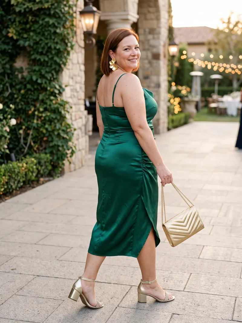 Mulher plus size de cabelo ruivo na altura do queixo olhando por cima do ombro, com vestido midi de cetim verde de alças finas e franzido lateral, brinco floral dourado, sandália dourada de salto bloco e bolsa dourada matelassê de corrente, num jardim de festa ao entardecer