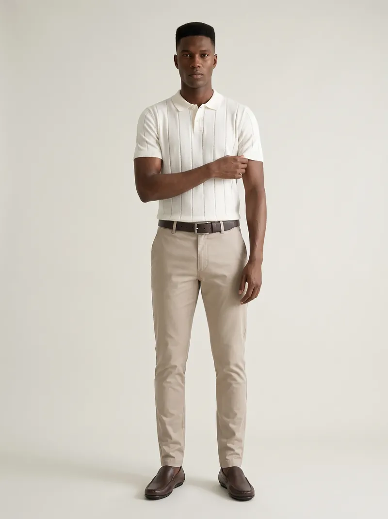 Homem negro de polo de tricô off-white com listras vazadas, calça de alfaiataria slim bege, cinto e mocassim marrom-café, em estúdio de fundo claro