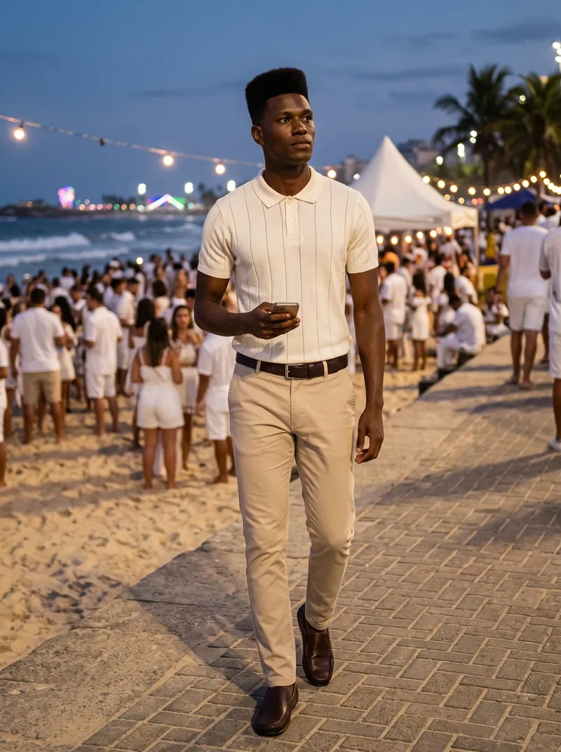 Homem alto caminha no calçadão de uma festa de réveillon na praia ao anoitecer, com polo de tricô off-white por dentro da calça bege-areia, cinto e mocassim marrom-café