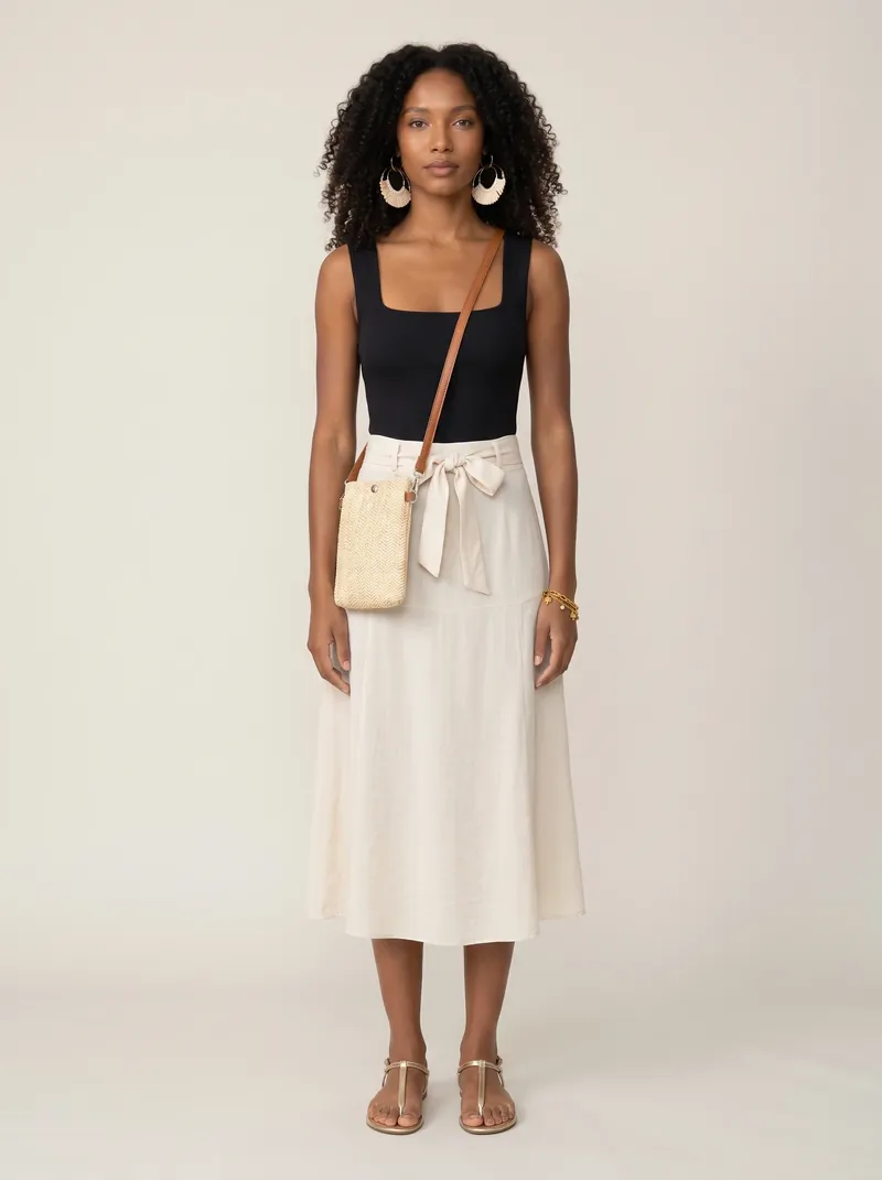 Mulher de cabelo cacheado com body preto de decote quadrado, saia midi off-white com laço, bolsa de palha tiracolo, brincos de ráfia e rasteira dourada em estúdio
