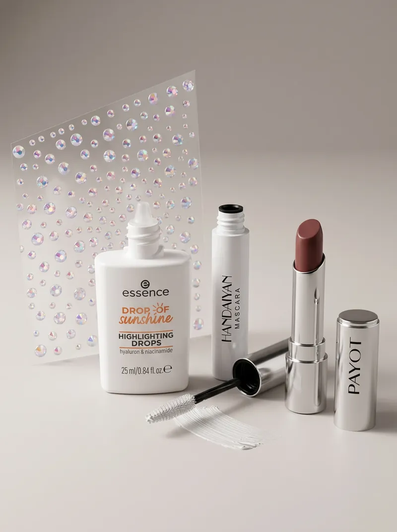 Cartela de strass furta-cor, iluminador líquido em gotas, máscara de cílios branca aberta com o pincel e batom nude rosado sobre fundo cinza claro