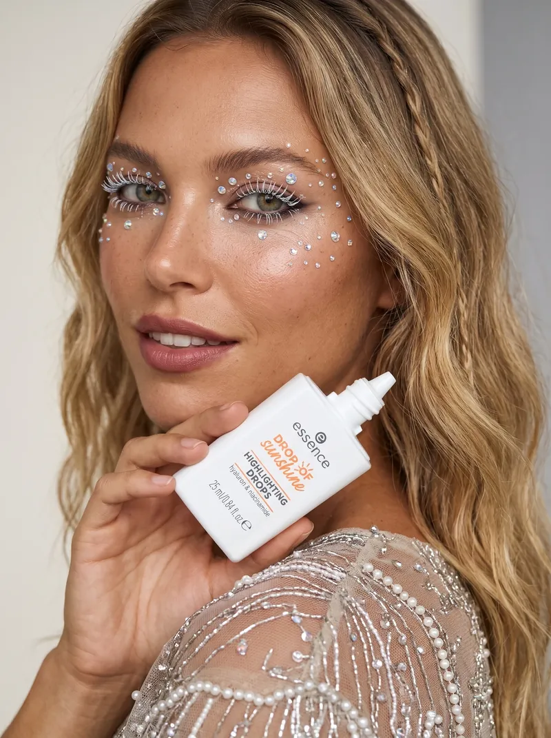 Modelo virtual de pele dourada com cílios brancos, pontos de strass ao redor dos olhos, pele iluminada e batom nude rosado, segurando um iluminador líquido, com blusa bordada de pérolas e trança fina no cabelo