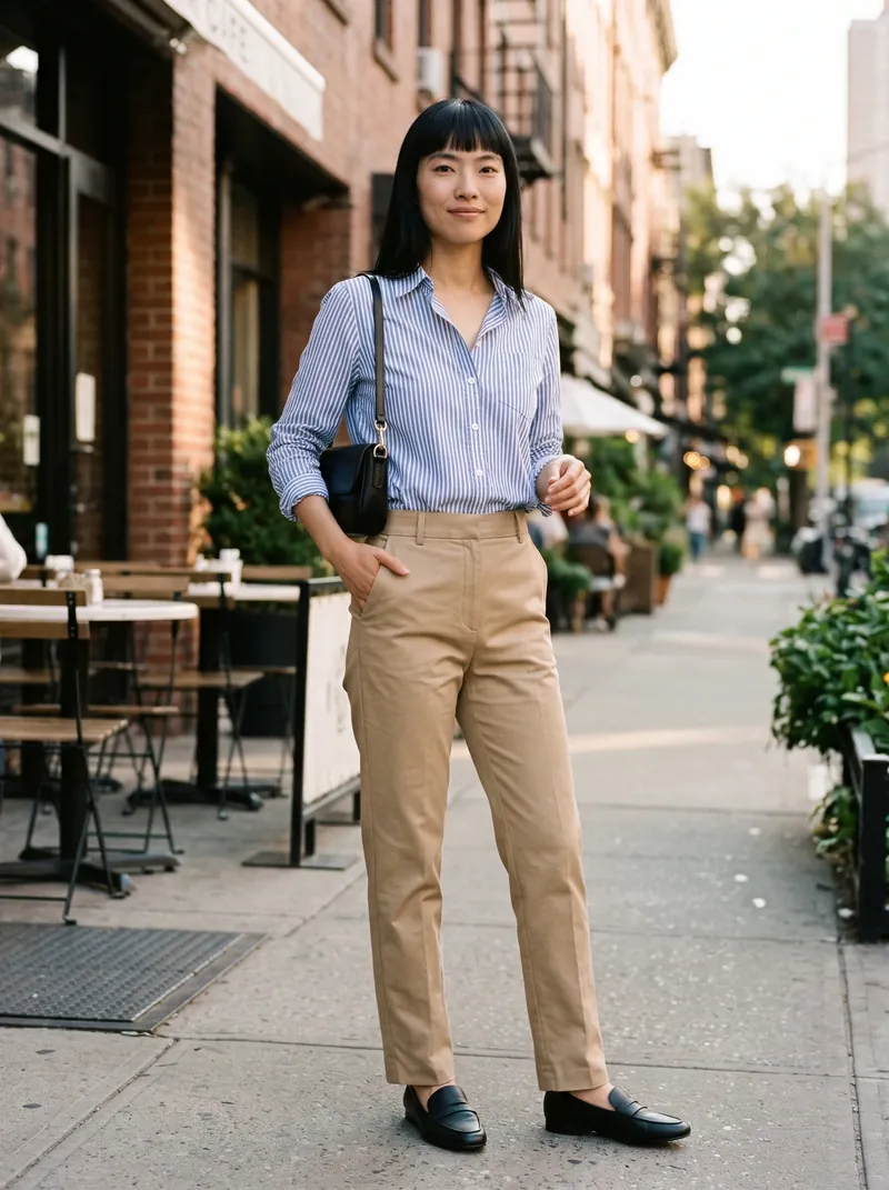 Modelo de franja usa camisa listrada azul e branca, calça de sarja bege de perna reta, mocassim preto e bolsa baguete preta numa calçada com cafés