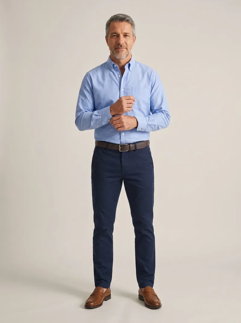 Homem grisalho de barba veste camisa oxford azul-clara com gola de botão, calça slim azul-marinho, cinto marrom e mocassim caramelo, em estúdio de fundo claro