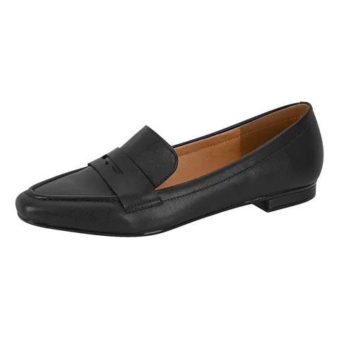 Mocassim preto de bico fino com tira recortada