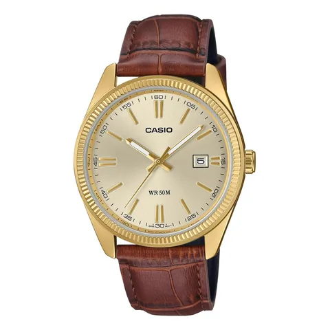 Relógio analógico dourado com pulseira de couro marrom