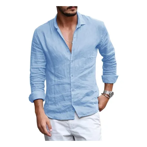Camisa de linho e algodão azul-clara de manga longa