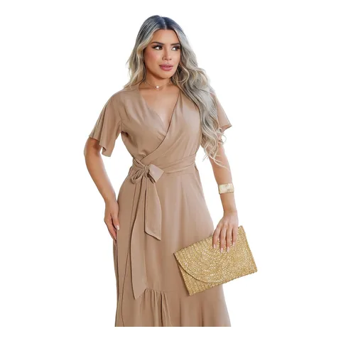 Vestido envelope longo com babados