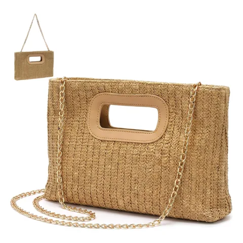 Clutch de palha caramelo com alça vazada e corrente dourada