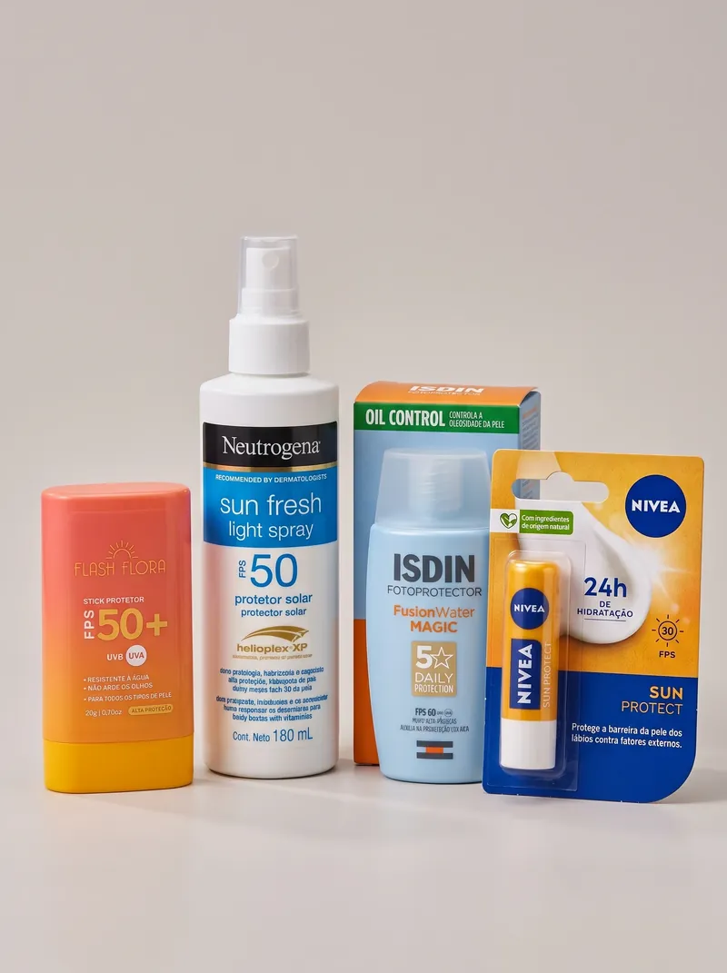 Quatro protetores solares lado a lado em fundo bege: bastão FPS 50+ laranja, spray corporal FPS 50, fluido facial FPS 60 azul com caixa e protetor labial FPS 30 na cartela