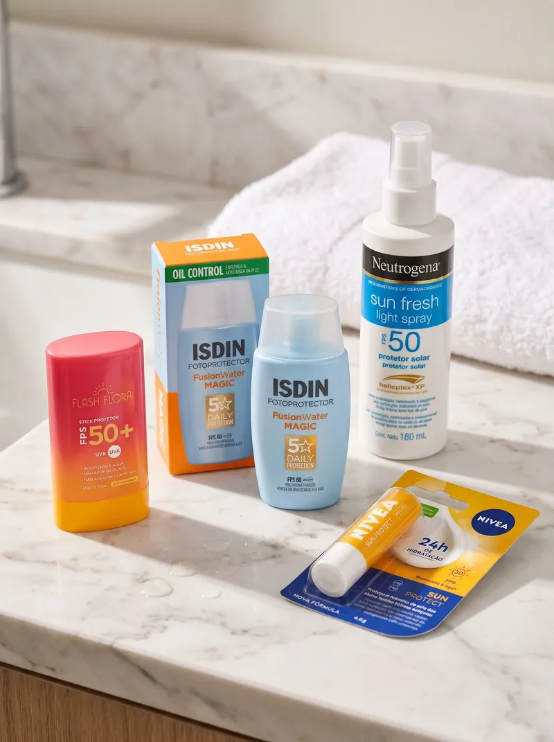 Protetor solar em bastão rosa e laranja, protetor facial fluido azul com caixa, spray corporal branco e protetor labial amarelo sobre bancada de mármore com toalha branca