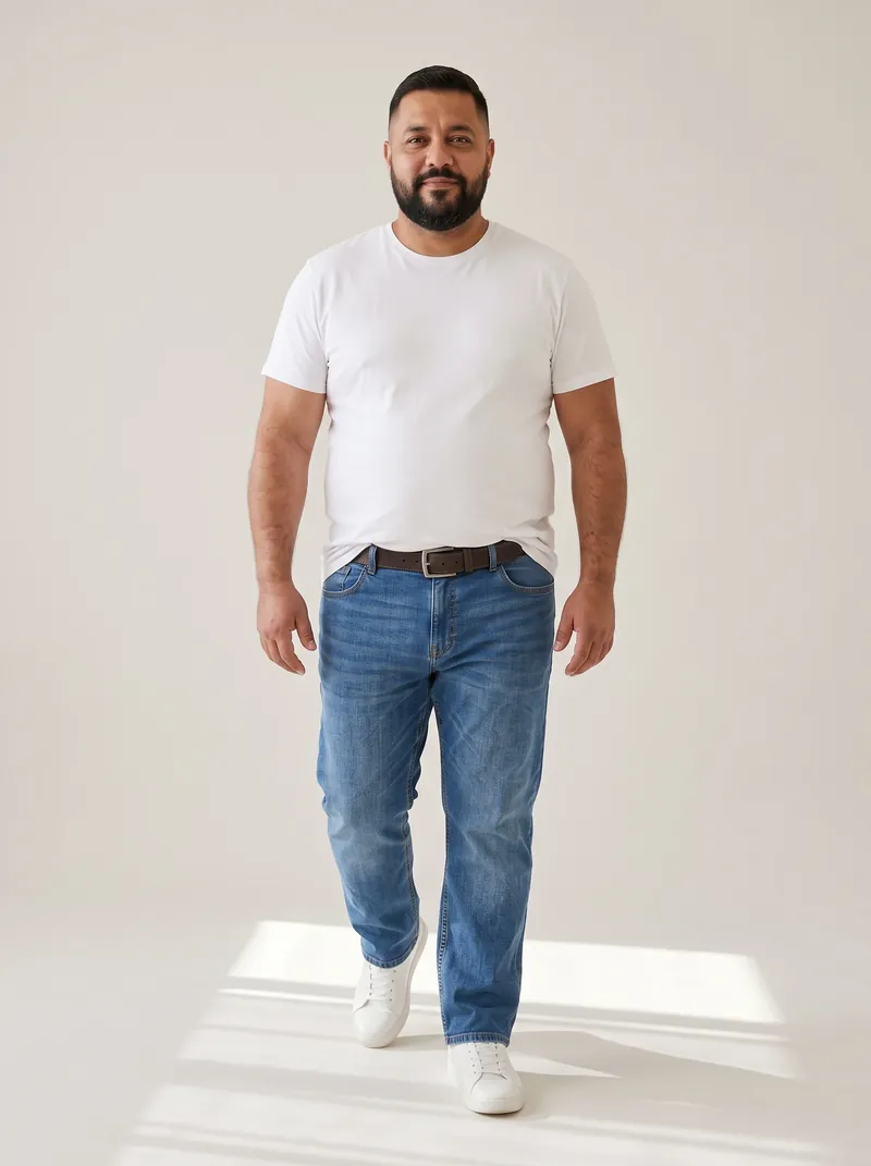 O mesmo look em estúdio de fundo claro: camiseta branca, jeans azul reto, cinto marrom de fivela prateada e tênis branco