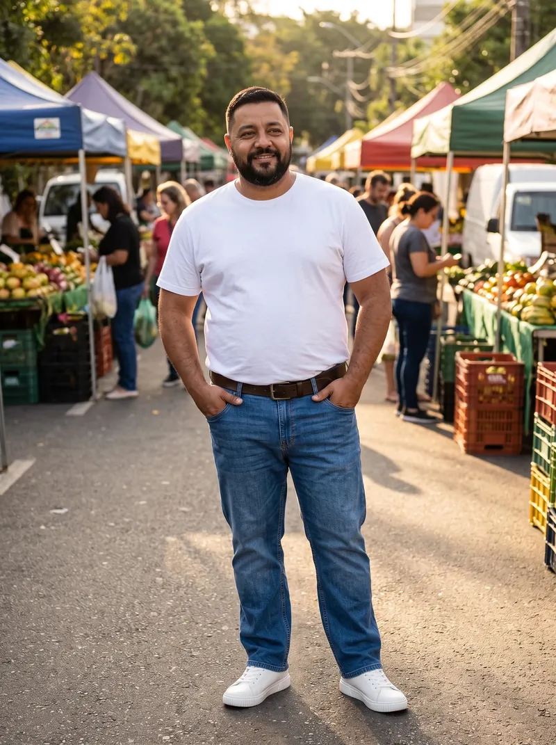 Homem plus size numa feira ao ar livre de manhã, com camiseta branca lisa, calça jeans azul de corte reto, cinto marrom e tênis branco