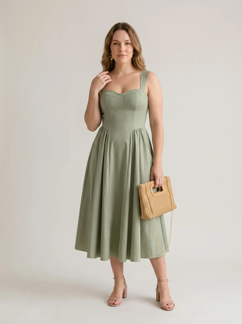 Mulher de cabelo ondulado castanho-claro com vestido midi verde-sálvia de corpete e alças largas, sandália nude de salto bloco, brinco dourado e clutch de palha, em estúdio claro