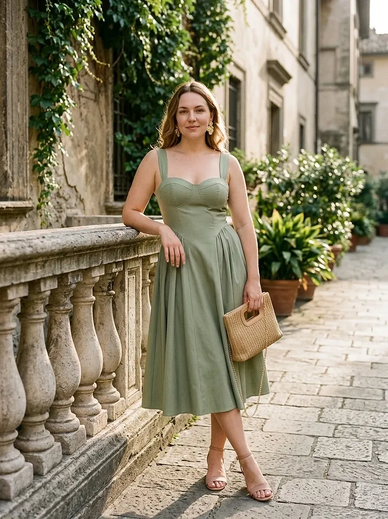 Modelo virtual com vestido midi verde-sálvia de corpete e alças largas, sandália nude de salto bloco, brincos dourados e clutch de palha, em pátio de pedra ao ar livre